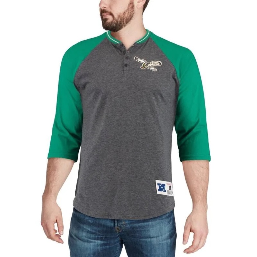 Mitchell & Ness Gray/Green NFL Philadelphia Eagles 3/4-Sleeve Raglan Henley L